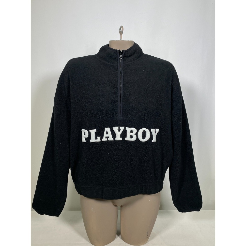 Playboy by Pacsun Black Fleece Half Zip Cropped Logo Sweater Women's SMALL